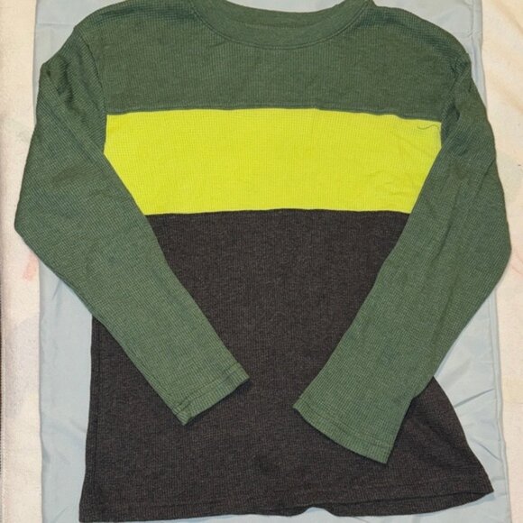 Kids Long Sleeve Shirt with Green, Yellow, and Gray Stripes - Picture 1 of 4